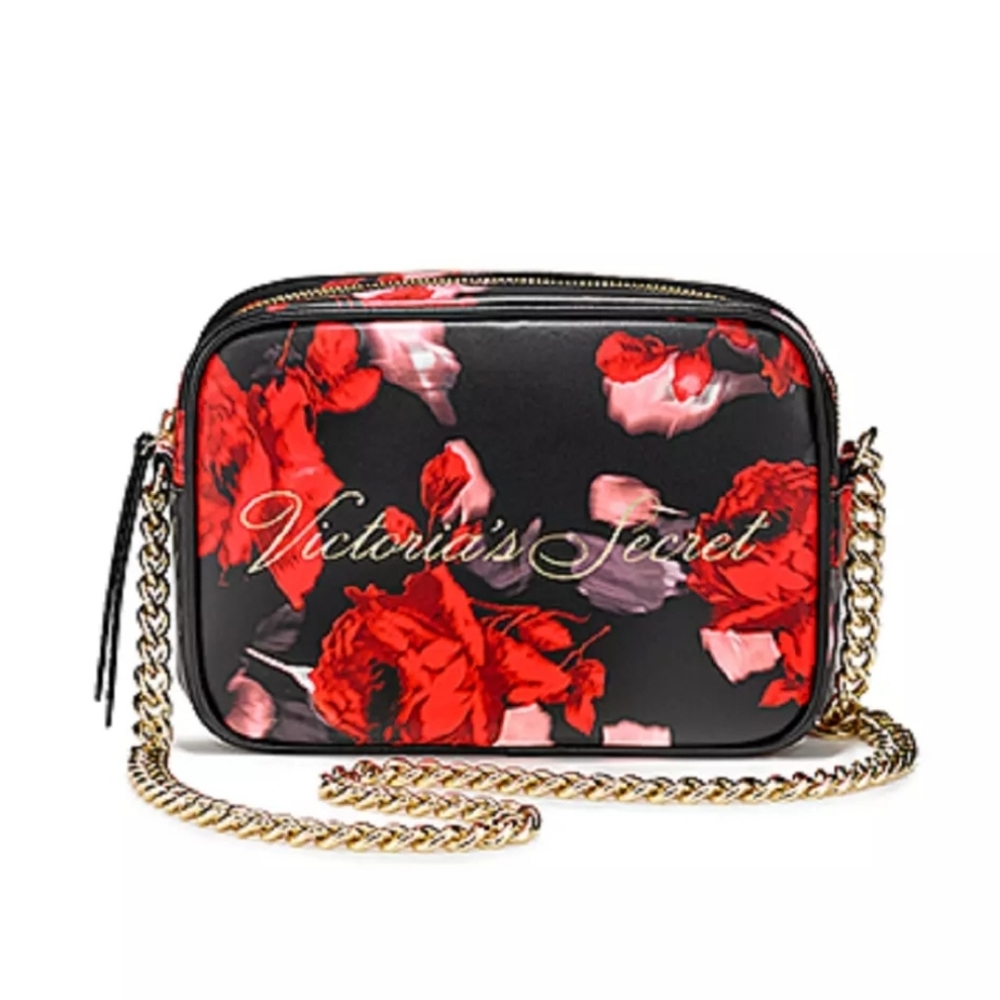 NWT Victoria's Secret Black Red Roses Chain Shoulder Bag Purse